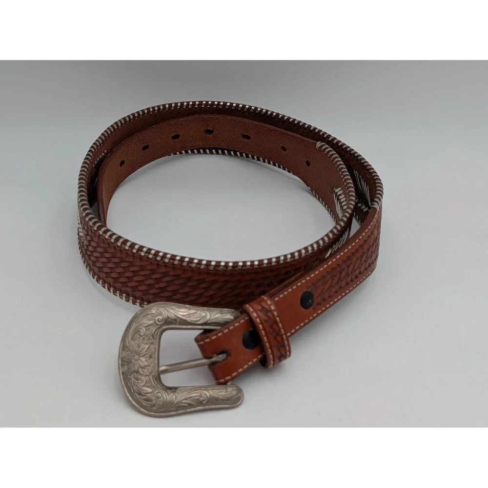 Unisex Western Belt Basketweave Metal Arrowhead Tooled Brown
